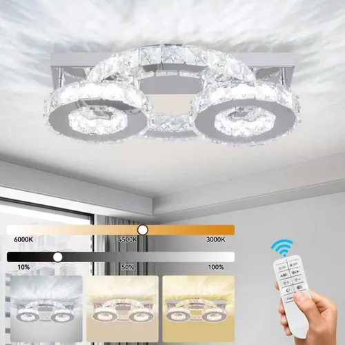 Vista 2 de Lámpara de techo de cristal regulable, moderna lámpara de techo de cristal de 3 anillos LED de montaje empotrado para comedor, dormitorio, sala