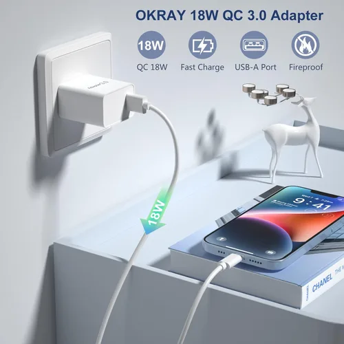 Vista 4 de OKRAY - Enchufe de pared USB, paquete de 2 unidades de 18 W, bloque de carga rápida 3.0, adaptador de corriente de carga rápida, cargador de viaje