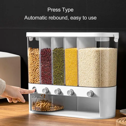 Vista 4 de Dispensador de alimentos secos de 5 rejillas, dispensador de cereales transparentes de 16.1 x 6.3 x 13.2 pulgadas con tapa extraíble, recipiente