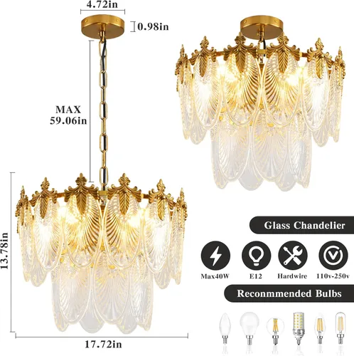 Vista 3 de Antique Chandeliers 2-Layer Gold Crystal Glass Chandelier, 4-Light Round Pendant Light 17.7" Brushed Brass Adjustable Height, Applicable to Dining