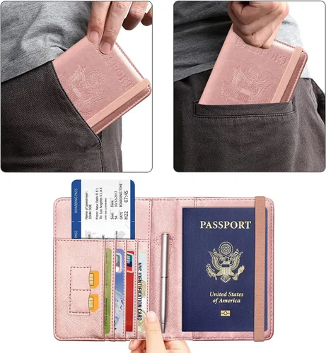 Vista 6 de ACdream - Funda para pasaporte, billetera o cartera de viaje de piel con bloqueo RFID para pasaporte con cierre de banda elástica, Ab-oro rosa)