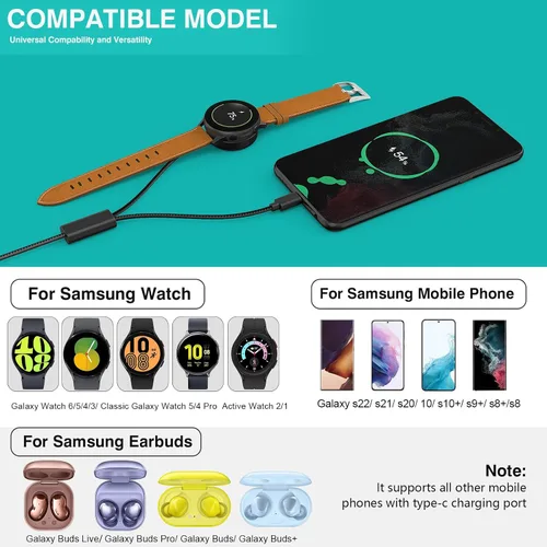 Vista 2 de Cargador magnético 2 en 1 USB-C para Samsung Galaxy Watch 7/6/5/4/3/Classic, Pro 5/4, Active Watch 2/1, Galaxy Buds/Live/+, cable de carga rápida