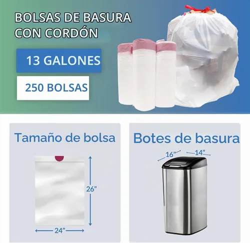 Vista 5 de Reli. Bolsas de basura con cordón de 13 galones 250 unidades a granel Bolsas de basura altas para cocina, color blanco, 13-16 galones