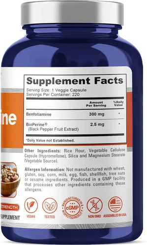 Vista 3 de Benfotiamine 300 mg 180 cápsulas vegetales (sin OMG, veganas y sin gluten) Formulación vegana y vegetariana, suplemento nutricional para adultos