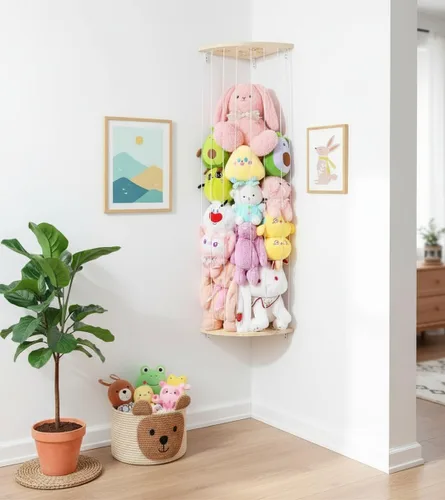 Vista 6 de Red de Almacenamiento de Animales de Peluche de Esquina - Organizador de Animales de Peluche de Madera de Altura Ajustable - Soporte de Felpa