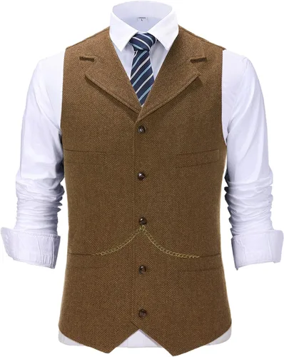 Vista 2 de Chaleco clásico de lana Tweed para hombre chaqueta sin mangas chaleco de espiga para esmoquin