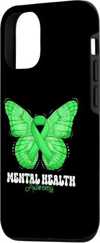 Vista 2 de Funda de mariposa con cinta verde para iPhone 15 Mental Health Awareness Month