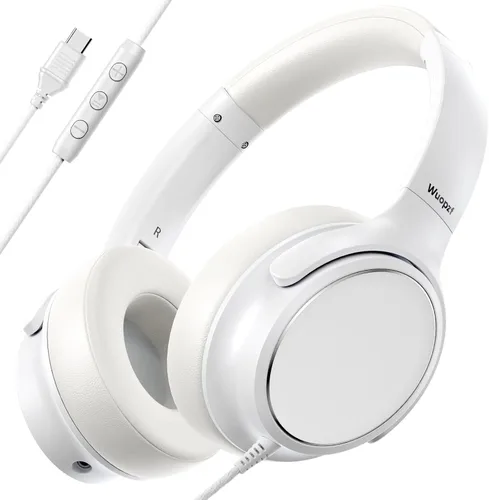 Vista 18 de Auriculares con cable USB C sobre la oreja con micrófono, control de volumen, puerto compartido y diadema ajustable, auriculares estéreo plegables