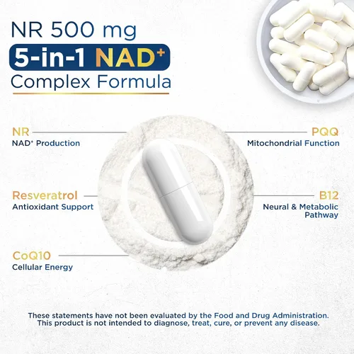 Vista 2 de Suplemento NAD+ con 500 mg NR, resveratrol, CoQ10, PQQ- Fórmula NAD 5 en 1 Alternativa al suplemento NMN NAD Resveratrol apoya la energía