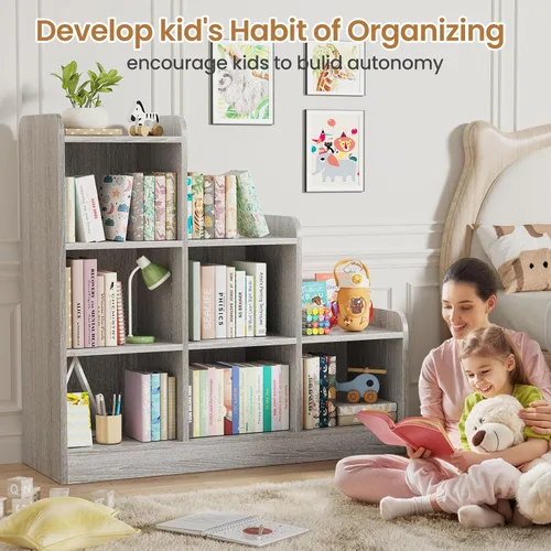 Vista 5 de Derfullo Estantería para libros, organizadores y almacenamiento de juguetes de 6 cubos, estantería Montessori pequeña de suelo abierto para Gris