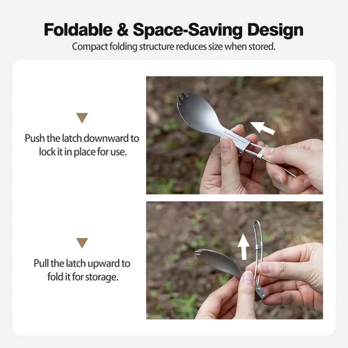 Vista 8 de iBasingo Cuchillo de tenedor de titanio con mango plegable, utensilios de vajilla ultraligeros para camping, picnic al aire libre, senderismo