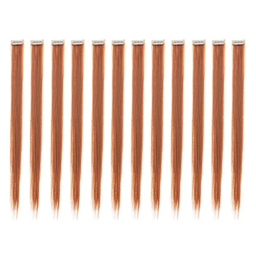Vista 11 de SWACC 12 extensiones de cabello lacio de un color con clip, para mujer, extensiones de cabello sintético con rayas de color (rubio beige)
