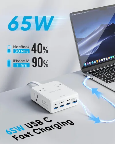 Vista 7 de Olcorife Tira de alimentación USB de 230 W, cable de extensión de enchufe plano ultrafino de 5 pies, 4 salidas de CA, 8 puertos USB