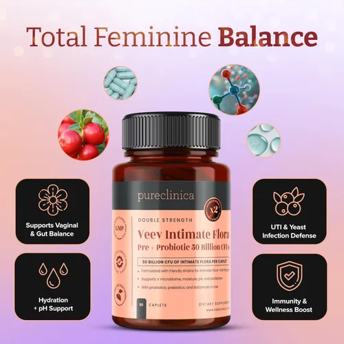 Vista 4 de pureclinica Veev Flora íntima - Soporte para microbioma vaginal e intestinal - 50 mil millones de UFC - Probióticos, prebióticos, arándano