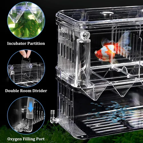 Vista 3 de WishLotus Caja de cría de peces, caja criadora suspendida para pecera con ventosas, caja de aislamiento de peces de acuario multifuncional