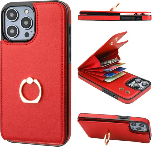 Vista 41 de Folosu Funda tipo billetera compatible con iPhone 14 con soporte para tarjetas, soporte de anillo para dedo con rotación de 360° y función atril
