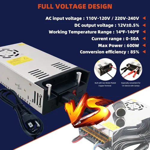 Vista 4 de Nueva versión convertidor, 110V AC a 12V DC convertidor fuente de alimentación 12V 600W 50A DC interruptor transformador para RV, bomba, tira LED