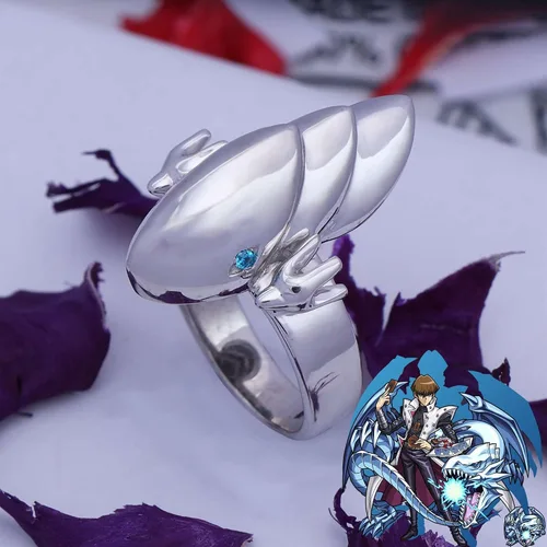 Vista 2 de Black Pearl Ind Blue Topaz 925 - Anillo de dragón blanco de anime Yu Gi Oh Seto Kaiba con acabado en oro blanco
