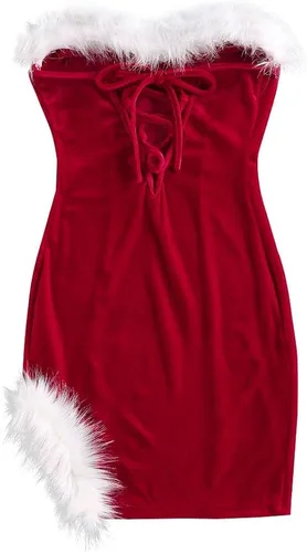 Vista 2 de ZAFUL Vestido corto de Navidad para mujer, de piel sintética, sin tirantes, color rojo, de Papá Noel, vestido de fiesta de terciopelo bandeau