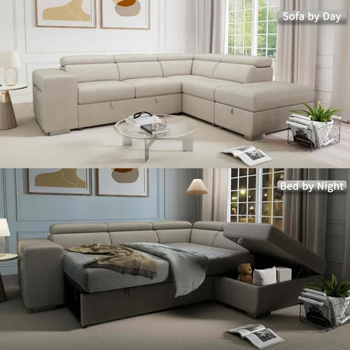 Vista 5 de THSUPER Sofá Seccional Reclinable en Forma de L de Microfibra de 104'', Sofá Cama con Cama Extraíble y Otomana de Almacenamiento, Sofás Convertibles