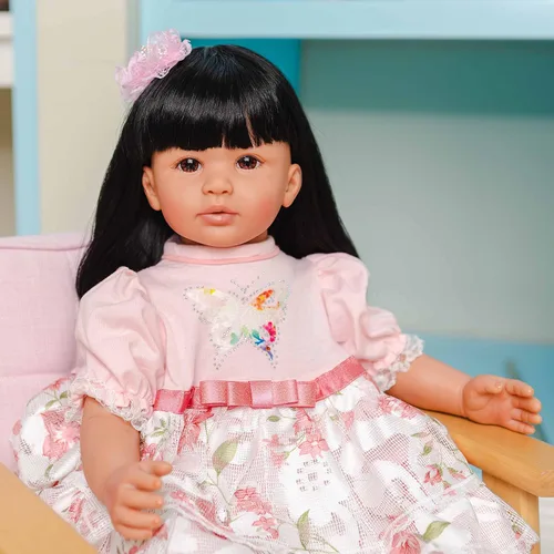 Vista 3 de Muñecos de bebé Reborn realistas de 24 pulgadas, cuerpo de tela de piel marrón con vestido de princesa, los mejores juegos de regalo de Navidad