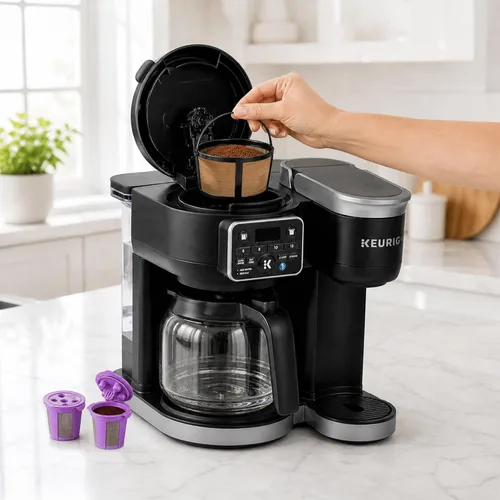 Vista 4 de Cesta de filtro de café reutilizable de malla para cafetera Keurig K Duo (Gen 2) y Keurig K-Duo Essentials, con 2 cápsulas recargables K Cup