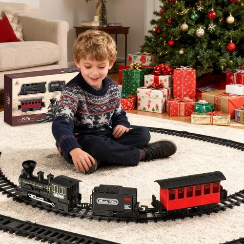 Vista 6 de Juego de tren de árbol de Navidad de 15 piezas con humo, sonido y luces, pista elegante y vagones de pasajeros vintage para Navidad, juego de tren