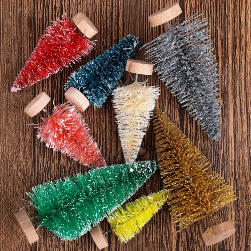 Vista 9 de 40 mini árbol de Navidad, mini árboles de sisal multicolor, árboles de cepillo para botellas, mini árboles artificiales con base de madera, árboles
