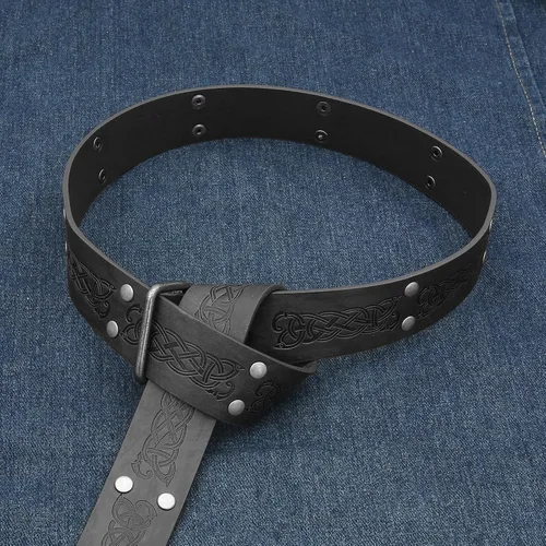 Vista 5 de GelConnie Cinturón de cuero vikingo Ren Faire, cinturón medieval para hombre, cinturón ancho de piel sintética, cinturón de cuero renacentista
