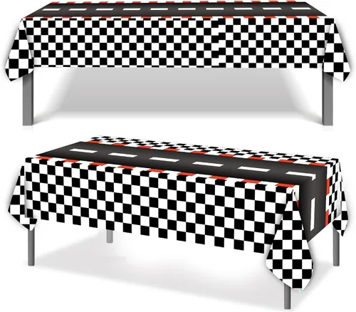 Vista 7 de 2 manteles de plástico desechables con diseño de automóvil de carreras, con diseño de bandera a cuadros negros, mantel rectangular para niños