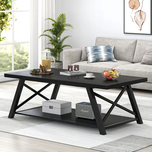 Vista 3 de EXCEFUR Mesa de centro negra, moderna mesa central de madera y metal con estante de almacenamiento, mesa de té rectangular industrial para sala