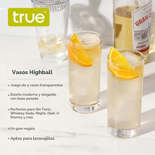 Vista 2 de Vasos altos True, juego de 4 vasos altos de vidrio para cócteles, mojito, té helado, jugos, agua con gas, vasos de cocina, vasos para bar en casa