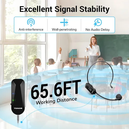 Vista 4 de TONOR - Auriculares inalámbricos con micrófono, sistema de auriculares con micrófono UHF, micrófono de mano y de cabeza 2 en 1, micrófono de oreja