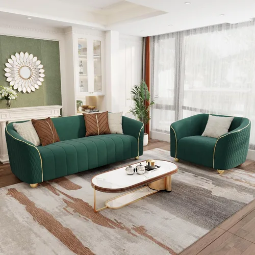 Vista 10 de Sofá de lujo de terciopelo retro de 3 plazas, cómodo sofá biplaza tapizado de terciopelo de 86 pulgadas con patas y almohadas de metal dorado, sofá