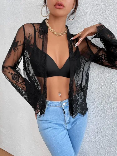 Vista 4 de SheIn Blusa de manga larga con encaje transparente floral para mujer cuello frontal con botones