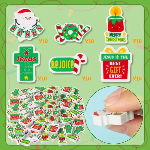 Vista 2 de ANGOLIO 60Pcs Borradores Mini de Dibujos Animados Cristianos en Paquete Grande para Navidad Feliz, Borradores de Lápiz con Motivo de Cruz Religiosa