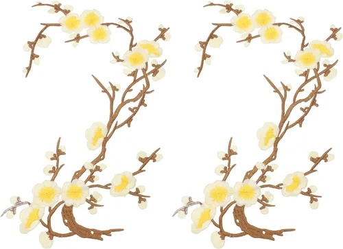 Vista 13 de MECCANIXITY 2 piezas de parches termoadhesivos de flor de ciruelo, apliques de bordado de flores para coser, apliques de decoración para agujeros