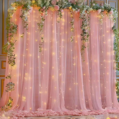 Vista 24 de Cortina de telón de fondo de tul azul bebé de 10 x 8 pies con cadena de luces para fiestas, cortinas de fondo transparentes para bodas, baby shower