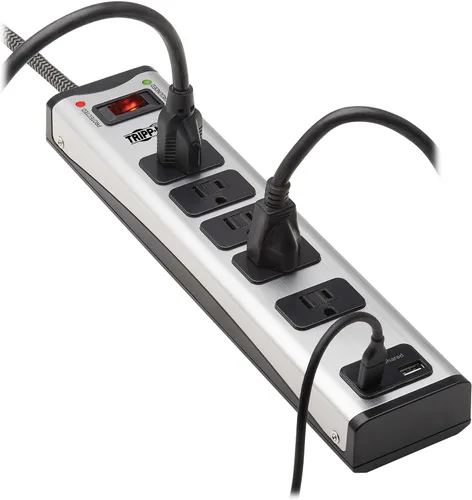 Vista 2 de Tripp Lite Regleta protectora contra sobretensiones, 5 tomas de corriente, metal, 1 USB-A y 1 puerto de carga USB C, cable compartido de 6 pies