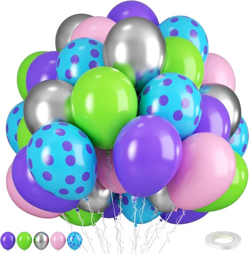 Vista 13 de Globos rosa púrpura negros, 50 unidades de 12 pulgadas, globos de cumpleaños con forma de corazón impresos en color rosa púrpura metálico negro