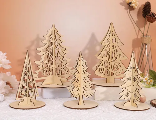 Vista 6 de Juego de manualidades de Navidad, árbol de Navidad 3D de madera, rebanadas de madera sin terminar para pintar, adornos de árboles de Navidad