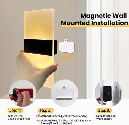 Vista 5 de Apliques de pared con pilas, juego de dos lámparas de pared LED de acrílico para mesita de noche para sala de estar, dormitorio, pasillo, luz