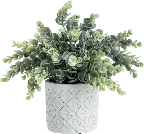 Vista 9 de MyGift Planta artificial de eucalipto en macetas modernas de hormigón gris con patrón geométrico en relieve (1, negro)