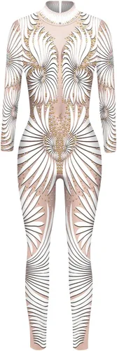 Vista 3 de Disfraz de esqueleto de calavera para mujer, overol de una pieza para Halloween