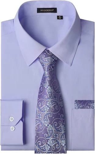 Vista 23 de HISDERN Mens Dress Shirt with Tie Pocket Square Set Classic Button Down Shirt Matching Tie Long Sleeve Shirts 08-verde