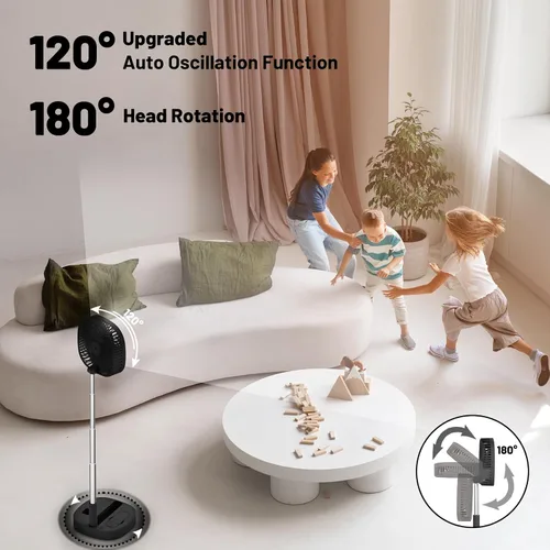 Vista 4 de Ventilador de pedestal oscilante portátil con Romote, 4 velocidades de rotación telescópica de 120°, ventiladores plegables plegables de pie, 7200