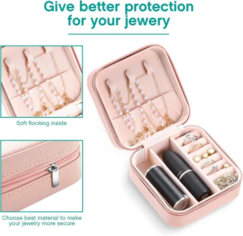 Vista 4 de Hicarer 4 cajas pequeñas de joyería de viaje de piel sintética organizador de joyas portátil de viaje para anillos aretes collar para niñas y mujeres