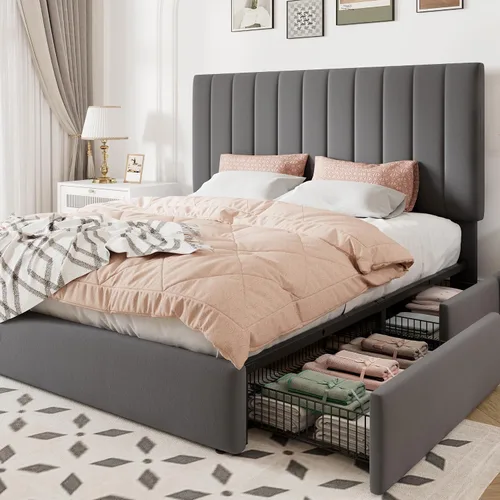 Vista 15 de Allewie Base de cama de almacenamiento de tamaño matrimonial, cabecera ajustable capitoné de canal vertical, plataforma tapizada de terciopelo con 4