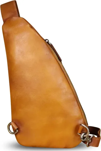 Vista 3 de Bolso bandolera de cuero genuino para motocicleta, bolso hecho a mano, mochila de senderismo, mochila de hombro retro vintage, Marrón claro , M