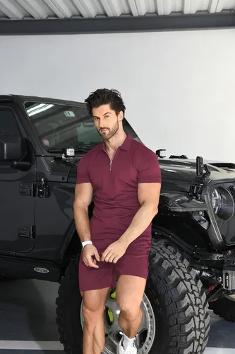 Vista 5 de YTD Conjunto de camisa polo y pantalones cortos casuales de manga corta para hombre, conjunto de dos piezas de verano con cremallera para hombre